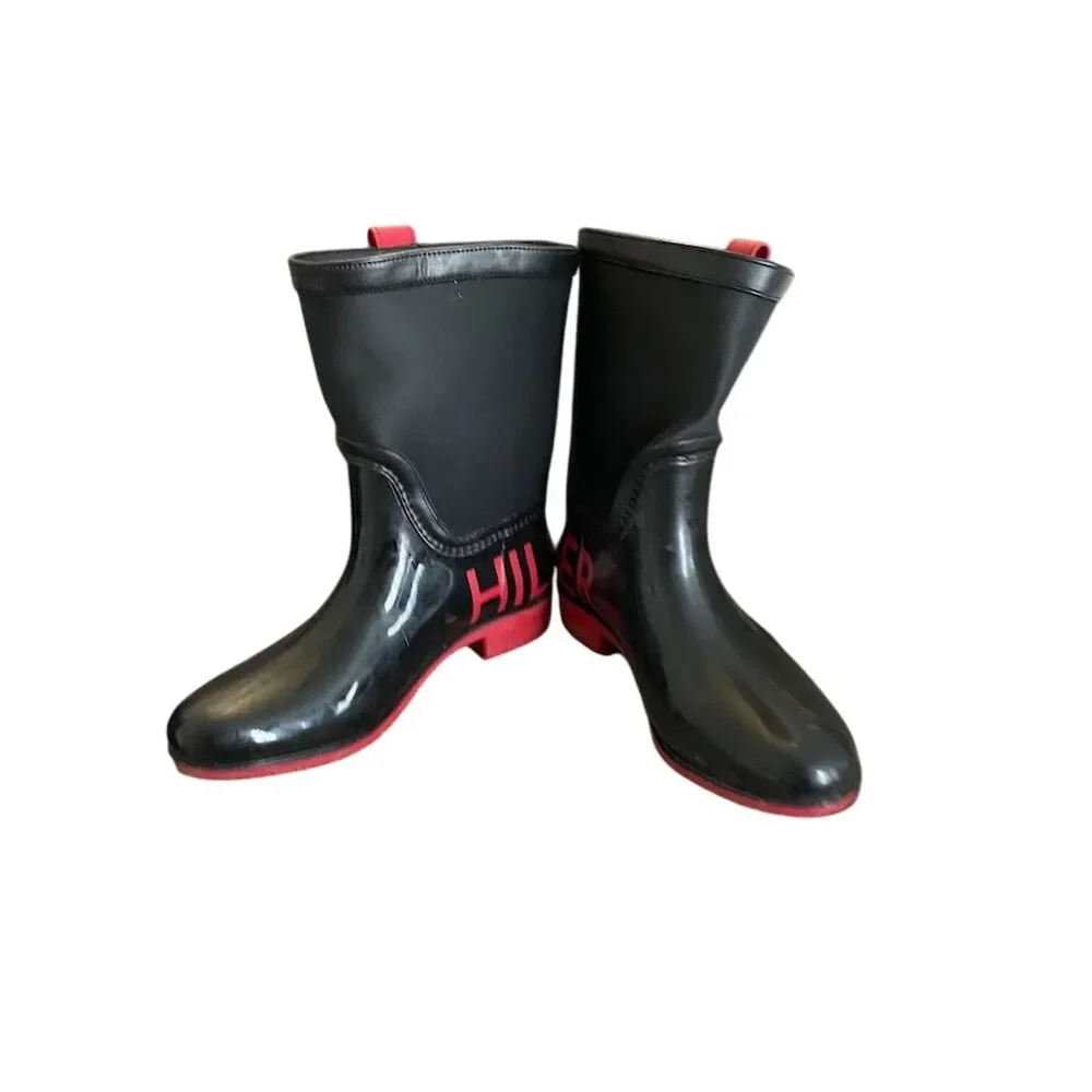 Tommy Hilfiger Women's Black Rain Boots Size 7 with Red Soles - Picture 2 of 5